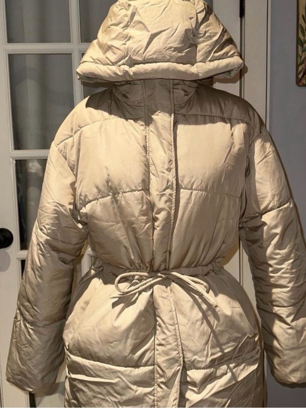 H&M Cream Hooded Belted Puffer Coat